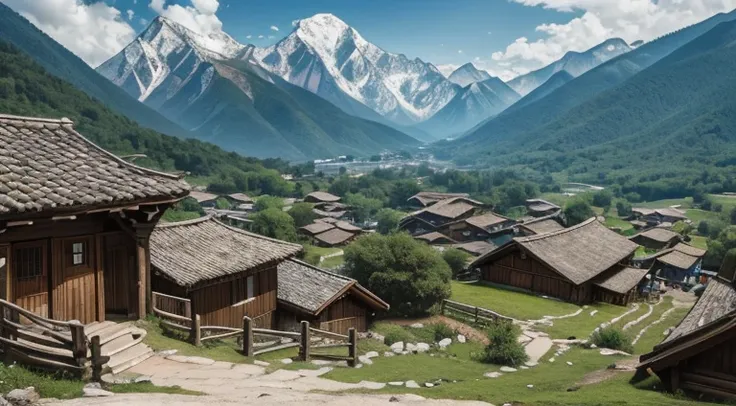 # Description of Peasant Boy - Young age - Brown hair, medium length - Simple cotton robes - Serene expression on the face

# Mountain Village Setting - Picturesque village surrounded by majestic mountains - Rustic houses - Lush vegetation and green fields...