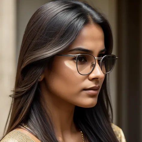 the beautiful woman with long hair and dark glasses, in the style of 8k resolution, close-up, dark silver and light brown, indian scenes, queer academia, high quality, precisionist lines, whistlerian --ar 69:128 --s 750 --v 5.2