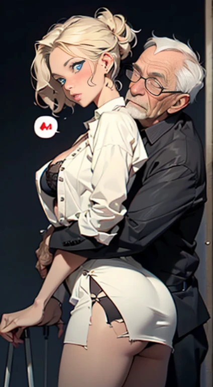 (old hairy dirty old man with torn clothes 90 years bearded),(Holding her from behind and talking in her ear),other men catching her with prancing ass,picking up in lap,mini white skirt swinging up, 40k, photography, masterpiece, best quality, dark gray ba...