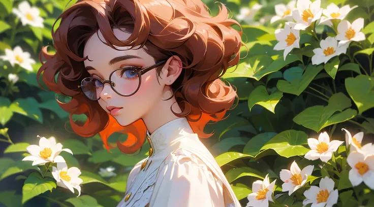 A girl with glasses, curly hair, and a height of 1.5 meterest quality, ultra-detailed, realistic:1.37) portrait, colorful, soft lighting, beautiful detailed eyes, beautiful detailed lips, small face, stylish outfit, standing in a vibrant garden with bloomi...