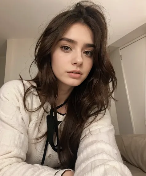 Arafed woman with long hair sitting on a bed in a white sweater, brown hair and large eyes, 18 years old, Lilly Collins, valentina revolver, Imagen filtrada, Ana de Armas, 19 year old girl, Modelo de Instagram, cara muy bonita, 2 4 year old female model, L...