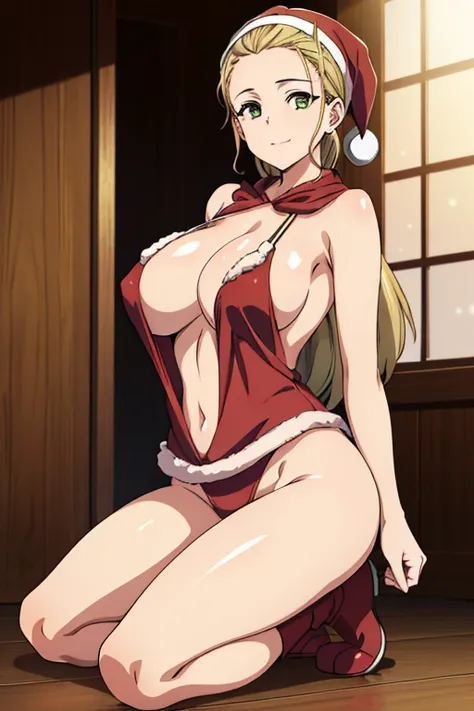 (masterpiece, best quality, high resolution, anime colored, 8k, photorealistic), Akebi Sasaki, hairband, 1girl, (15 years old), dark green eyes, smile, blush, (sagging large breast:1.5), (Santa costume:1.5), (cum on breasts), arms behind back, (front view:...