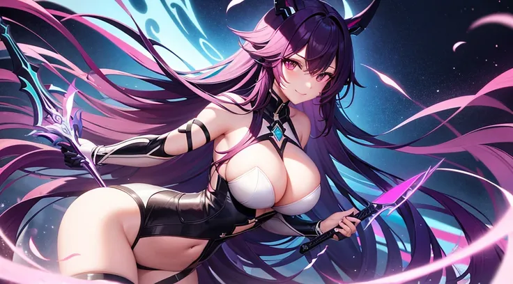 The upper part of the body、Cyberpunk style、There is a sense of dynamism in the movement、wearing a long black dress、One beautiful woman with bright pink hair and a smile、holding two swords in hand、Dark interior with blue-green tones、pc wallpaper