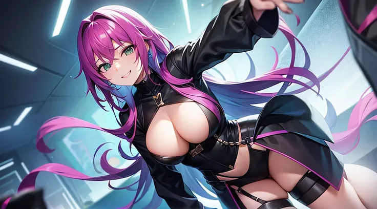 Cyberpunk style、There is a sense of dynamism in the movement、wearing a long black dress、A beautiful lady with bright pink hair and a smile、Relax in bed、holding two swords in hand、Dark interior with blue-green tones、pc wallpaper