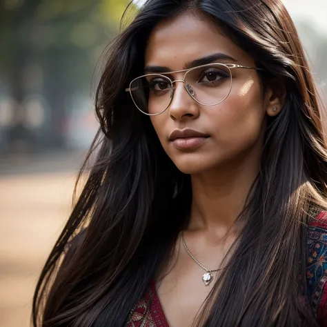 the beautiful woman with long hair and dark glasses, in the style of 8k resolution, close-up, dark silver and light brown, indian scenes, queer academia, high quality, precisionist lines, whistlerian --ar 69:128 --s 750 --v 5.2