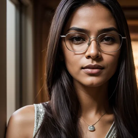 the beautiful woman with long hair and dark glasses, in the style of 8k resolution, close-up, dark silver and light brown, indian scenes, queer academia, high quality, precisionist lines, whistlerian --ar 69:128 --s 750 --v 5.2