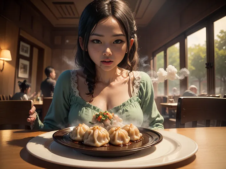 2 aliens at the dinner table eating dumplings, dumplings are laid out on plates and emanate fragrant steam, aliens are drooling at the sight of dumplings, foto realista, cinematic treatment