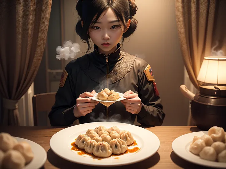 2 aliens at the dinner table eating dumplings, dumplings are laid out on plates and emanate fragrant steam, aliens are drooling at the sight of dumplings, foto realista, cinematic treatment