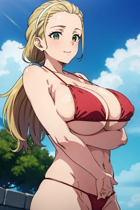 (masterpiece, best quality, high resolution, anime colored, 8k, photorealistic), Akebi Sasaki, hairband, 1girl, (15 years old), dark green eyes, smile, blush, (sagging large breast:2.0), (red micro bikini:1.5), arms behind back, (from the front:2.0, upper ...