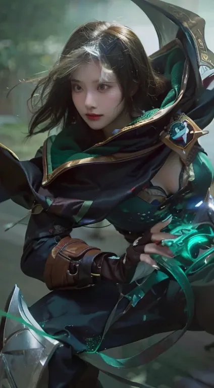 very detailed, realistic graphics, realistic, 1 girl, short hair, green hair, slightly exposed chest, holding a sword, virtual looking at the camera, pretty eyes, pretty face, baby face, 15 years old, sua