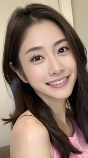 ((Top Quality, 8K, Masterpiece: 1.3)), 1 beautiful japanese lady, Slim, light Brown Hair, long wavy hair (Casual, Big: 1.2), Ultra Slender Face, real face, Delicate Eyes, Double Eyelids, seductive attractive big Smile, Open Legs, Wet, Bed, beautiful pink-c...