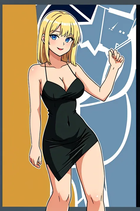 masterpiece, best quality, young blonde woman, blue eyes, wearing blackdresslora, looking at viewer, nightclub background, standing up, smile