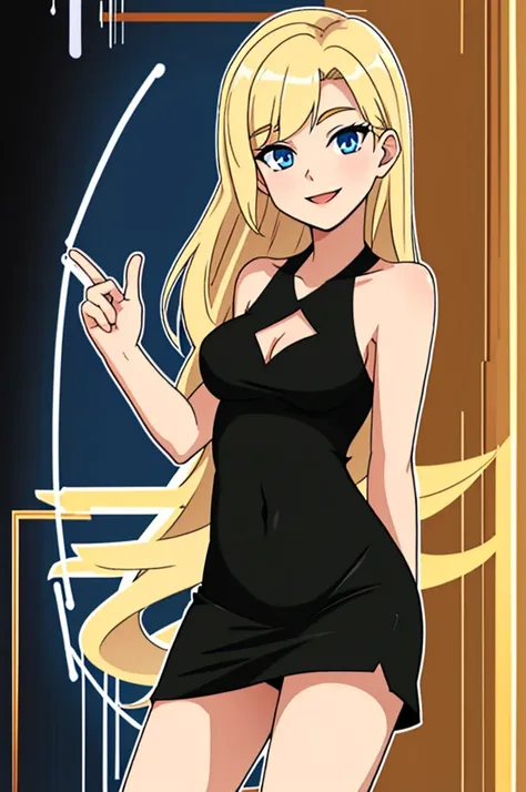 masterpiece, best quality, young blonde woman, blue eyes, wearing blackdresslora, looking at viewer, nightclub background, standing up, smile