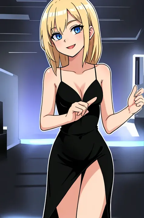 masterpiece, best quality, young blonde woman, blue eyes, wearing a little black dress, blackdresslora, looking at viewer, nightclub background, disco lighting, standing up, Smile,