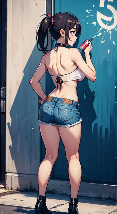 8K,Ultra Detail,ultra-quality,ultra precision,ultimate masutepiece,loli Girl(short stature)(He holds a paint spray can in his right hand.),big boobs,big Thigh,tube top,short pants(material jeans),twin tail,cool Graffiti on the wall,Cyber punk back street,