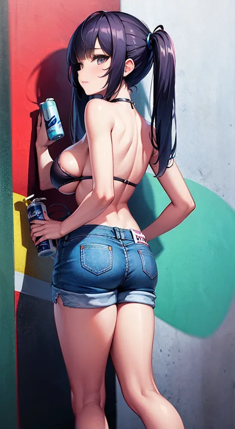 8K,Ultra Detail,ultra-quality,ultra precision,ultimate masutepiece,loli Girl(short stature)(He holds a paint spray can in his right hand.),big boobs,big Thigh,tube top,short pants(material jeans),twin tail,cool Graffiti on the wall,Cyber punk back street,