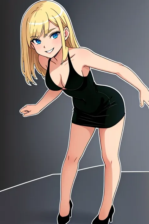 masterpiece, best quality, young blonde woman, medium hair, blue eyes, wearing a little black dress, blackdresslora, black high heels, looking at viewer, smile, nightclub background, disco lighting, standing up, seductive