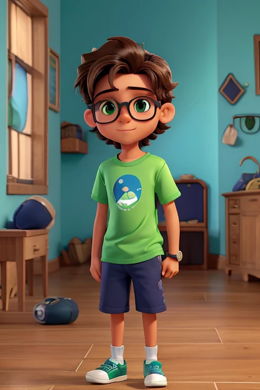 Menino de 14 anos, moreno claro, cabelos pretos lisos, long and tangled, olhos pretos, with discreet eyeglasses, bermuda preta, green t-shirt and blue sneakers, no watch