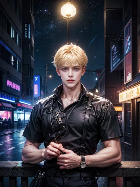 One boy, night time, neonlight, Black clothes with LEDs, 8K, looking a viewer, blonde man