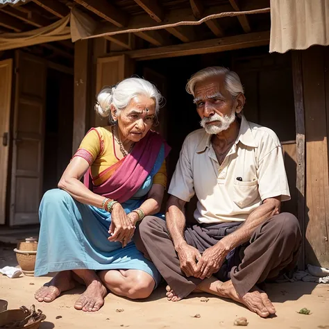 A struggling old aged husband and wife in their village house, suffering from poverty, indian couples, taking care of eachother