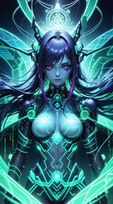 A cyberpunk-inspired goddess merging technology and nature, her body adorned with bioluminescent tattoos, circuits intertwining with vines, and a neural interface glowing beneath her skin, overlooking a cityscape blending neon lights with organic elements.