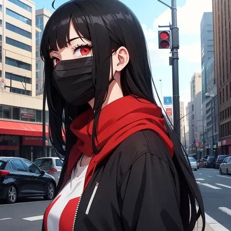 Anime style image of a girl with black hair, red eyes and casual clothes, she is in a city, her mouth is covered by a mask.