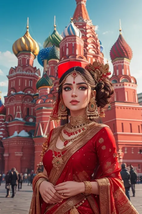 Generate an image of a regal Russian Hindu woman wearing an opulent saree in Moscows Red Square. Highlight her poised beauty against the iconic landmarks, creating a stunning juxtaposition.