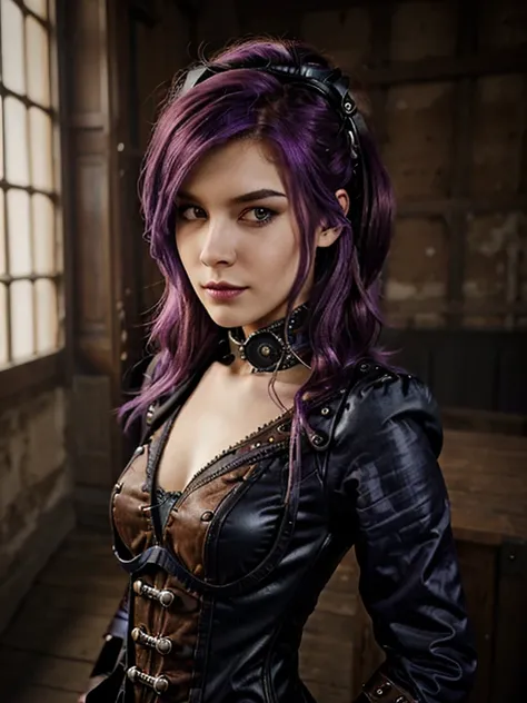 Femme méchante jalouse cheveux violet réaliste précis steampunk habillé élégante magnifique mèche de cheveux violet avec un poignard dans la main