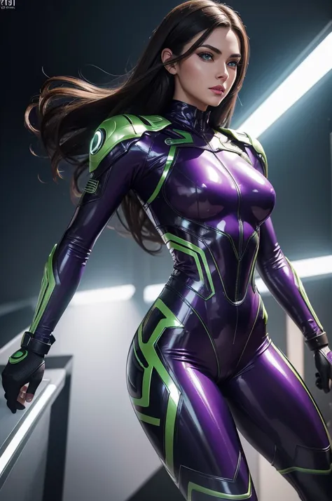 (best quality,8k:1.2,high resolution:1.2),ultra-detailed,realistic,sci-fi female super hero,retro futurism,brunette,beautiful detailed eyes,beautiful detailed lips,extremely detailed eyes and face,long eyelashes,Purple latex clothes,tight-fitting suit,gree...