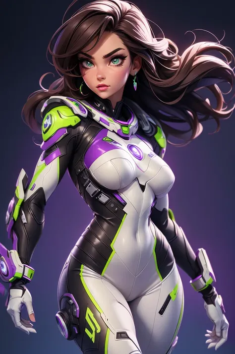 (best quality,8k:1.2,high resolution:1.2),ultra-detailed,realistic,sci-fi female vitage super hero,retro futurism,brunette,beautiful detailed eyes,beautiful detailed lips,extremely detailed eyes and face,long eyelashes,Purple latex clothes,tight-fitting su...