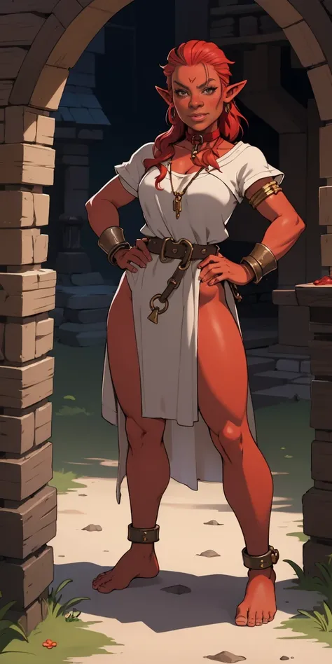 full body, barefoot, Solo, female, (orc, red skin), linen tunic, fantasy village, armor, slave, bracers, shackles, choker, Handcuffs on their hands, With a collar around the neck, hands on hips,