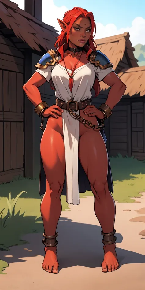 full body, barefoot, Solo, female, (orc, red skin), linen tunic, fantasy village, armor, slave, bracers, shackles, choker, Handcuffs on their hands, With a collar around the neck, hands on hips,