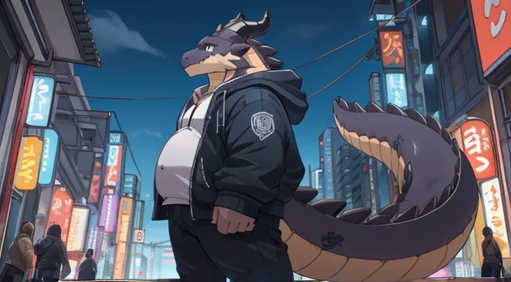 Herbivoredragon, solo, male, adult,black scalie, black horns,big tail, blue sky eye,Black pupils,detailed eye, Detailed face,hansome face, chubby body,Human body posture, reptile, digital artwork , wearing white shirt,wearing Hoodie, Wearing a headset arou...