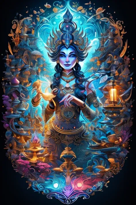 Create an intricate "Genie in a bottle" super detailed illustration, of a fantastical Vishvakarman mixed with a light being creature mixed with a human, and Animal all made of storm clouds, with multicolored rain lighting, use bright and vibrant colors. Us...