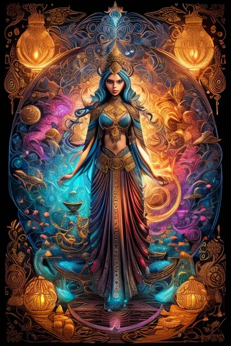 Create an intricate "Genie in a bottle" super detailed illustration, of a fantastical Vishvakarman mixed with a light being creature mixed with a human, and Animal all made of storm clouds, with multicolored rain lighting, use bright and vibrant colors. Us...