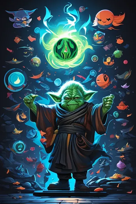 Create a vibrant fusion "round" sticker with full body illustration of a Hayao Miyazaki art cartoon style Yoda as a“Genie in a bottle” Yoda. Create a stylized character with clouds of light emanating from the character. The character has a very mischievous...