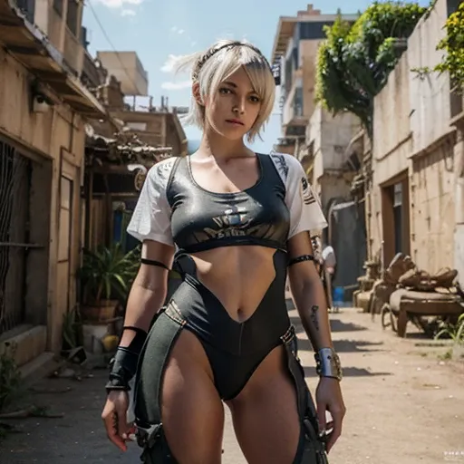 Gwen Tennyson,Tracer,Yshtola Rhul, Rebeca Chambers,Oficina Ryza,nier automata,fechar para cima,Mecha piloto,ruins of the city,Tatuagens,Plugsuit branco e laranja, Steel short sleeve lycra top,white cargo pants,barriga descoberta,short hair,maquiagem fofa,o...