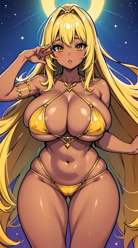 Osira the busty dancer from legend of Queen Opala brown skin color, looking like a hot babe,gourgeous goddess,beautifull,cute face with a large,curvy voluptuous body, massive breasts, thick thighs wearing see through golden bikini