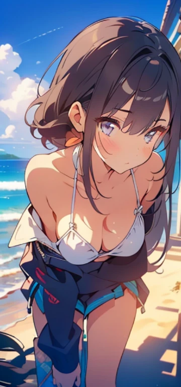 1female，Small loli，Big chest，Pornographic exposure， 独奏，（Background with：beautiful beach，tourist） She has short blonde hair，bobo head，Stand in the sand on the beach，seen from the front， hair straight， mostly cloudy sky，（（（masterpiece），（Very detailed CG unit...