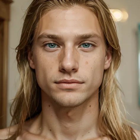 very close up shot of European man; very handsome; (long light golden blonde hair); (pale turquoise eyes); olive skin; freckles; young; skinny; clean-shaven