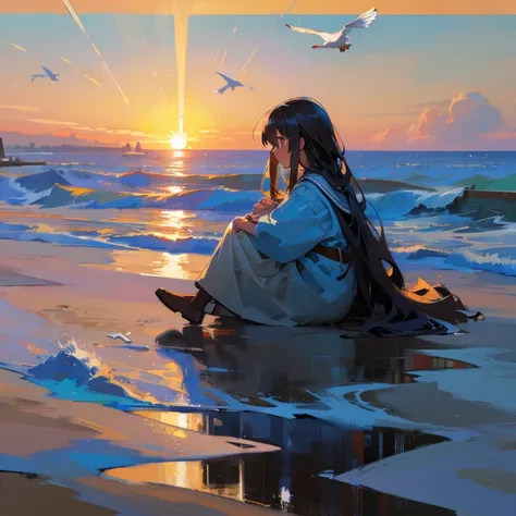 oil painting girl with long hair sitting on the beach looking at the seagulls in the distance，the sun rises slowly，the screen be...