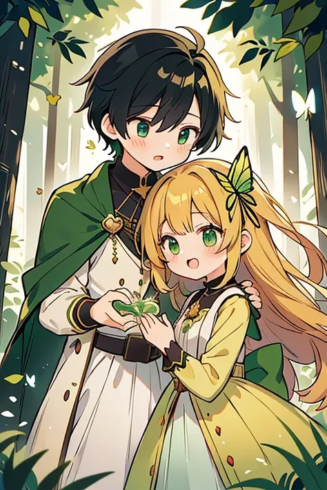 masterpiece, best-quality, Cute anime boy and girl, girl golden hair, green dress, dark green cape, boy has black hair, loving, adorable, loves each other, forest background, heart pendant, golden bow, butterflies flying all over, natural, soft lighting, d...