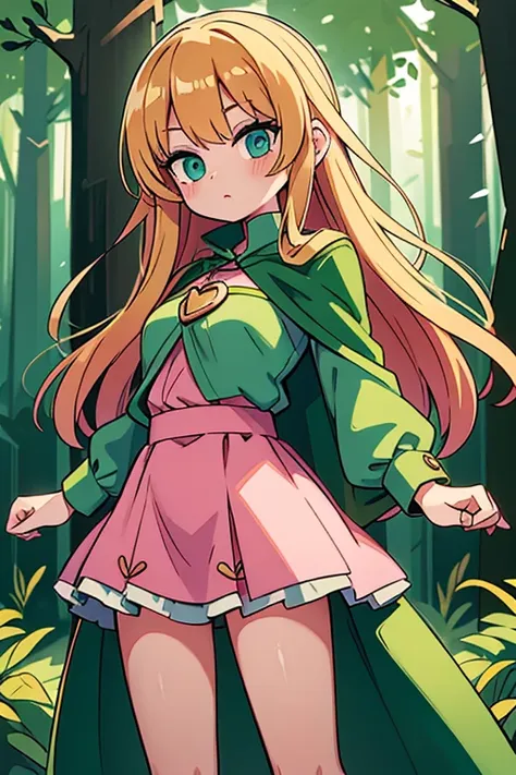 best quality, masterpiece, a girl, golden hair, green dress, dark green cape, pink heart pendant, adorable, cute, in a forest