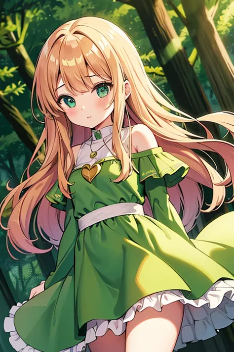 best quality, masterpiece, a girl, golden hair, green dress, dark green cape, pink heart pendant, adorable, cute, in a forest