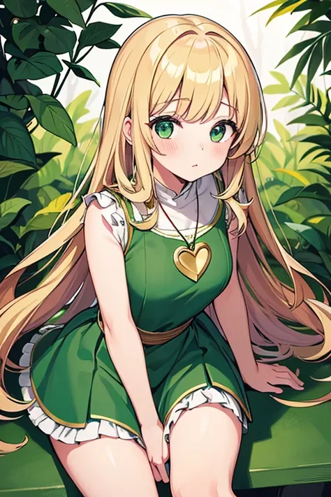 best quality, masterpiece, a girl, golden hair, green dress, dark green cape, pink heart pendant, adorable, cute, in a forest