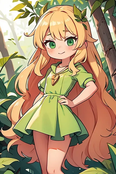 best quality, masterpiece, a girl, golden hair, green dress, dark green cape, pink heart pendant, adorable, cute, in a forest