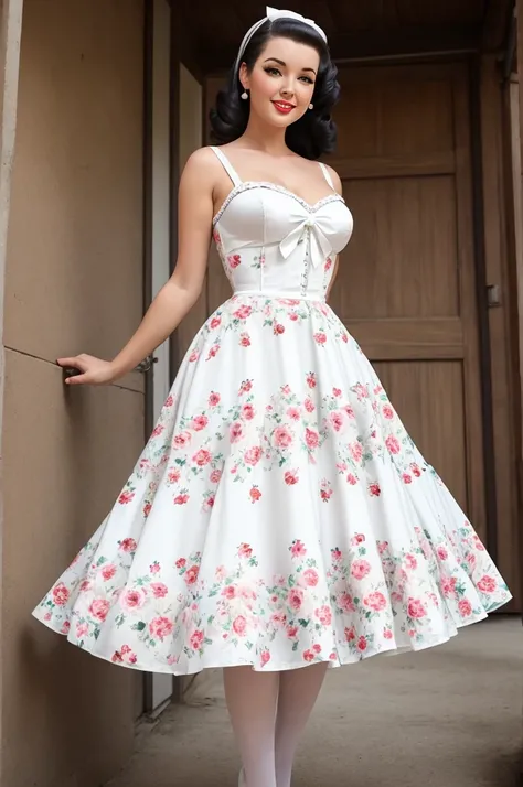 BEST QUALITY, WOMAN, PINUP, 50´S STYLE, FLORAL DRESS, GARTER BELTS, WHITE SCENARIO