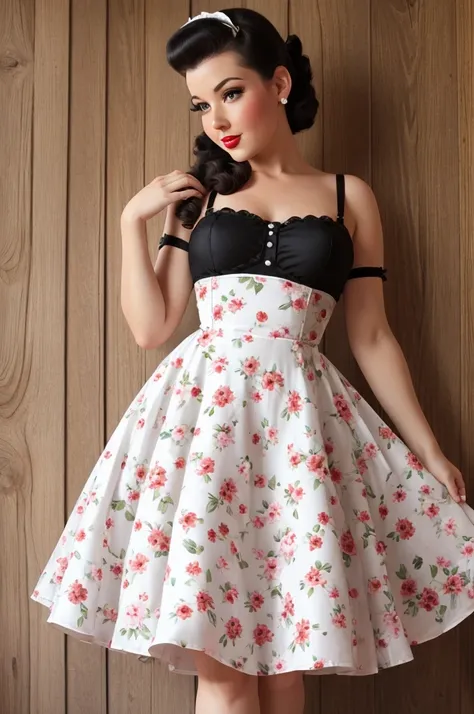 BEST QUALITY, WOMAN, PINUP, 50´S STYLE, FLORAL DRESS, GARTER BELTS, WHITE SCENARIO