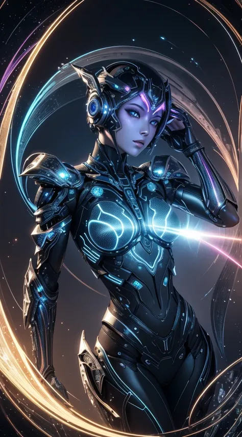 An android-like female figure, her metallic skin engraved with luminous fractal designs, reclining against an abstract, fractal-generated construct of iridescent colors and shapes that seem to exist in multiple dimensions simultaneously.