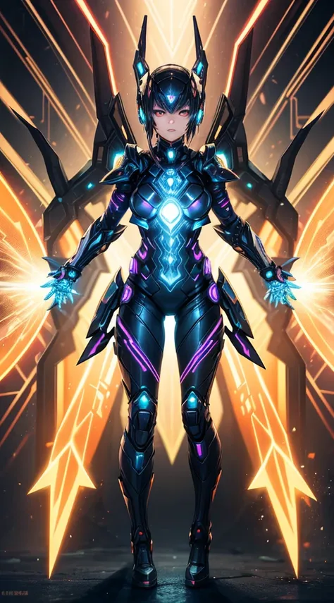 A female cyber-warrior encased in a suit of living fractals and glowing nanotechnology, wielding energy-infused weapons, standing within a virtual arena pulsating with vibrant, fluctuating geometric patterns.